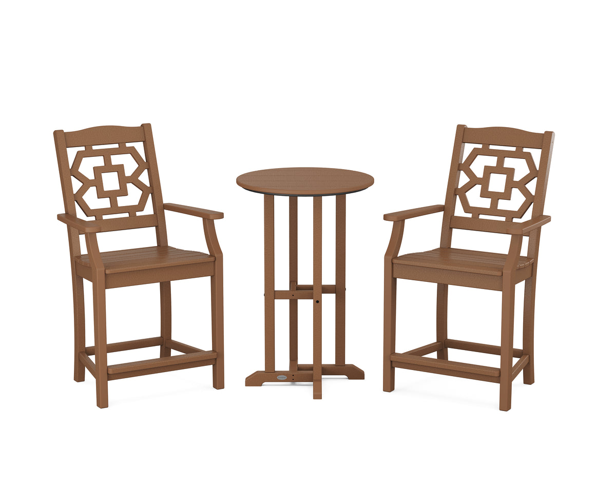 POLYWOOD Chinoiserie 3-Piece Farmhouse Bistro Counter Set in Teak