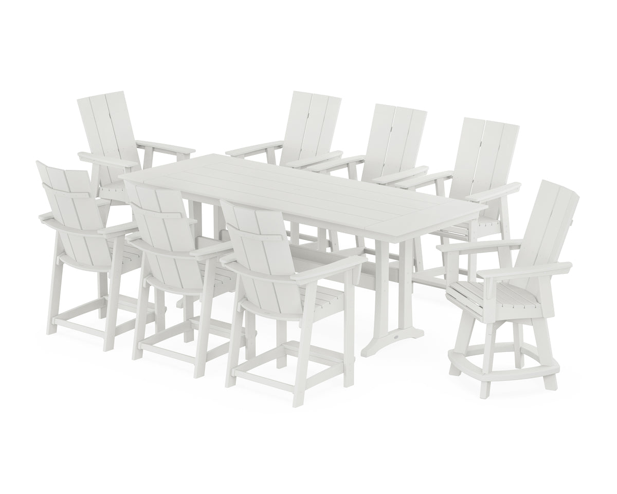 POLYWOOD Modern Curveback Adirondack Swivel 9-Piece Farmhouse Counter Set with Trestle Legs in Vintage White