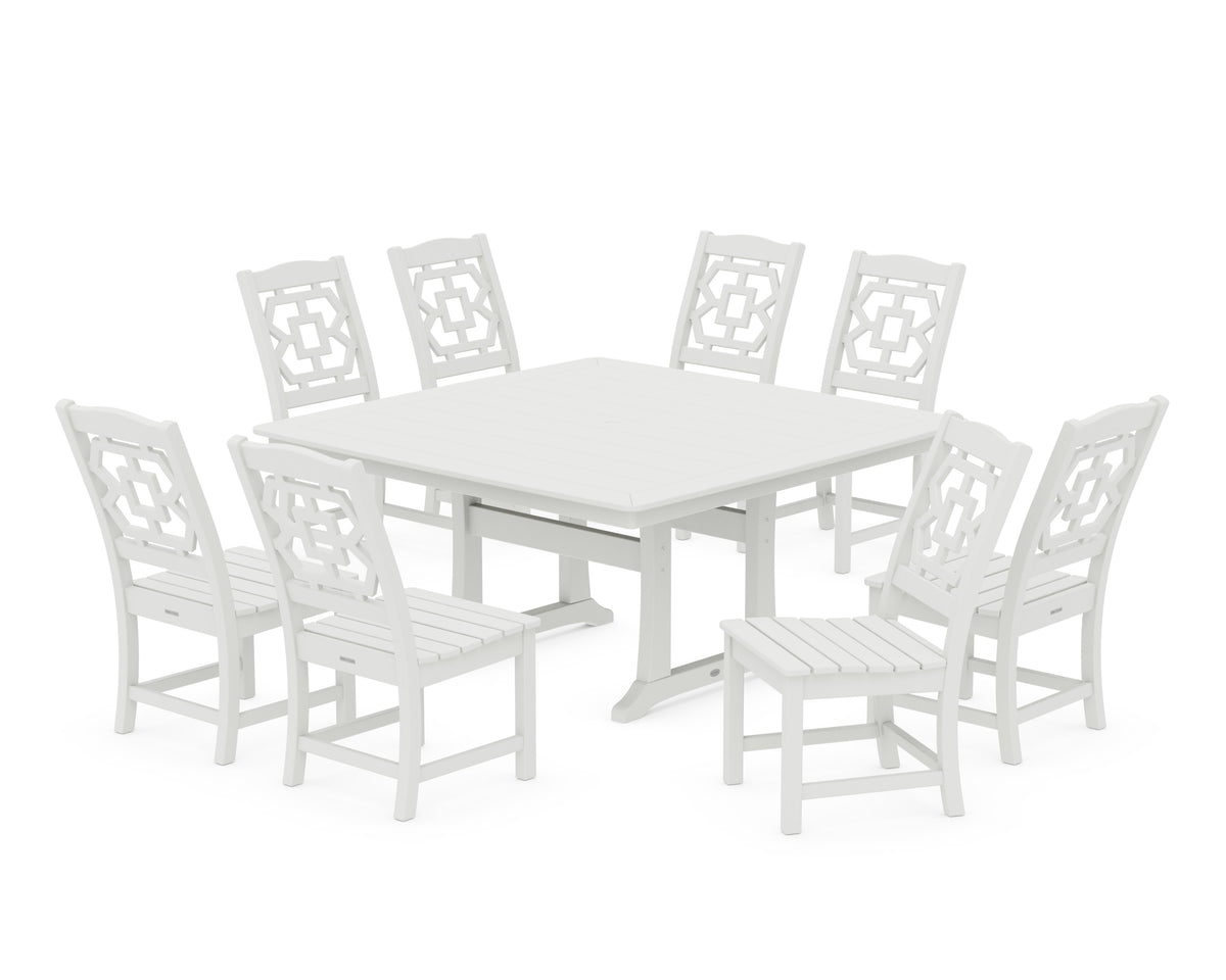 POLYWOOD Chinoiserie 9-Piece Square Side Chair Dining Set with Trestle Legs in Vintage White