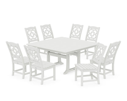 POLYWOOD Chinoiserie 9-Piece Square Side Chair Dining Set with Trestle Legs in Vintage White