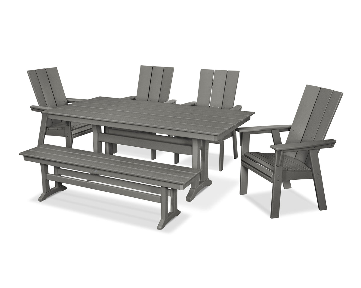 POLYWOOD Modern Curveback Adirondack 6-Piece Farmhouse Dining Set with Trestle Legs and Bench - 37" x 72" Table in Slate Grey