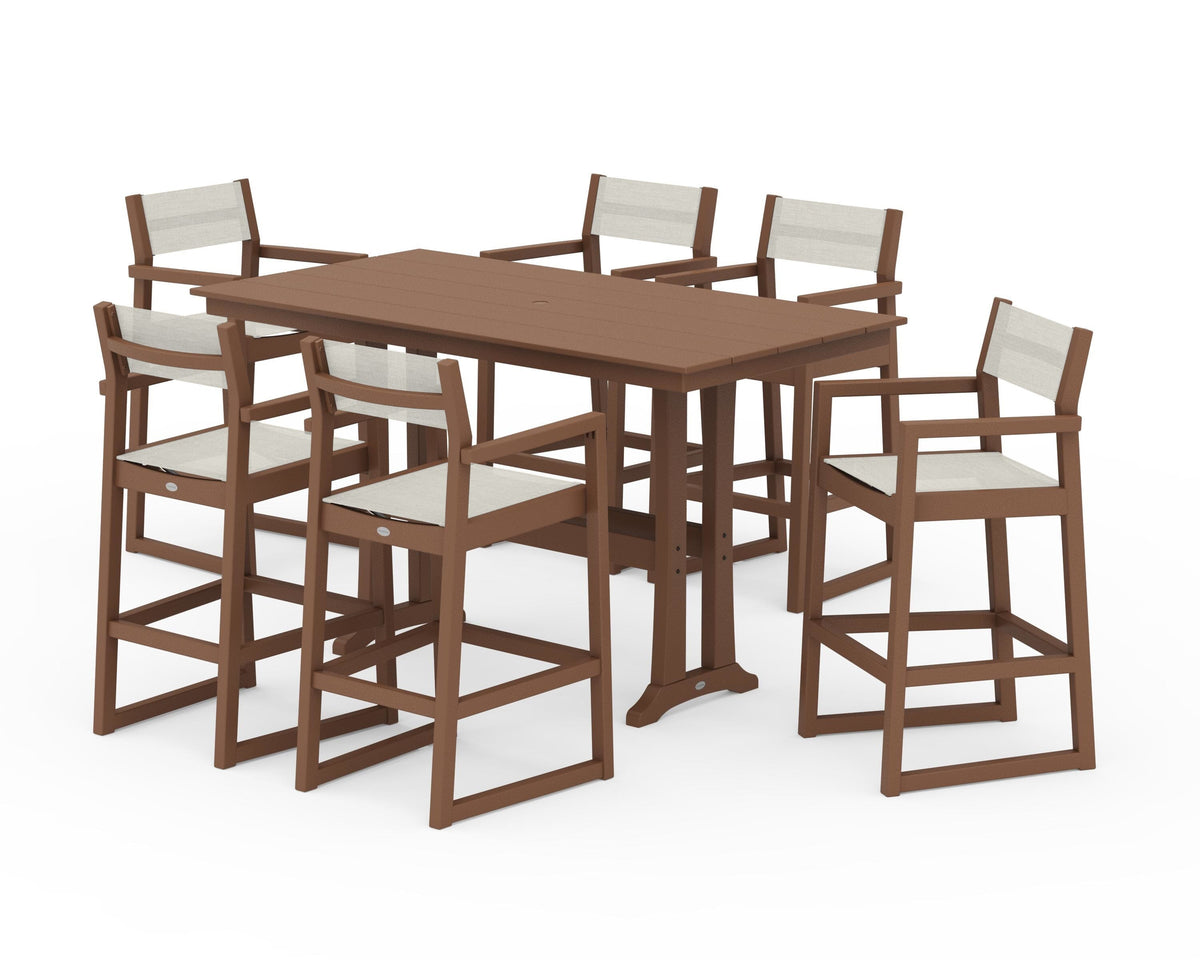 POLYWOOD EDGE Sling Arm Chair 7-Piece Farmhouse Bar Set with Trestle Legs in Teak / Parchment