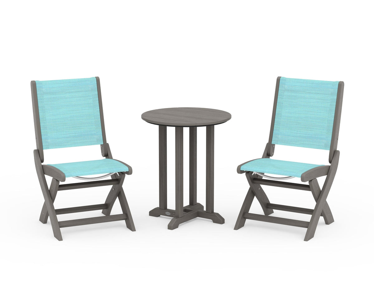 POLYWOOD Coastal Folding Side Chair 3-Piece Round Bistro Dining Set in Driftwood / Dupioni Aquamarine