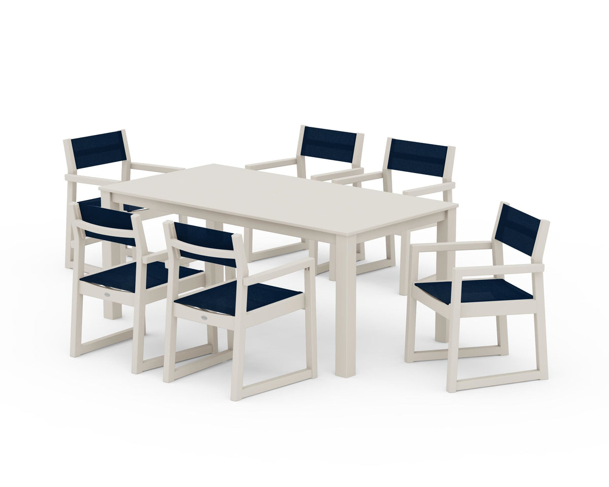 POLYWOOD EDGE Sling Arm Chair 7-Piece Parsons Dining Set in Sand / Navy Blue