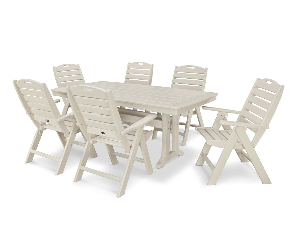 POLYWOOD Nautical Folding Highback Chair 7-Piece Dining Set with Trestle Legs in Sand