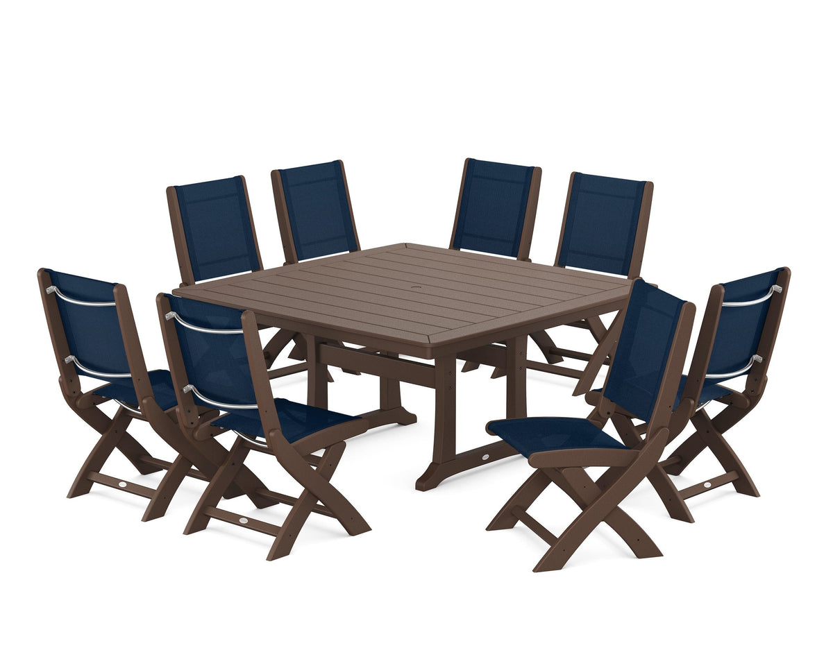 POLYWOOD Coastal Folding Side Chair 9-Piece Dining Set with Trestle Legs in Mahogany / Navy Blue