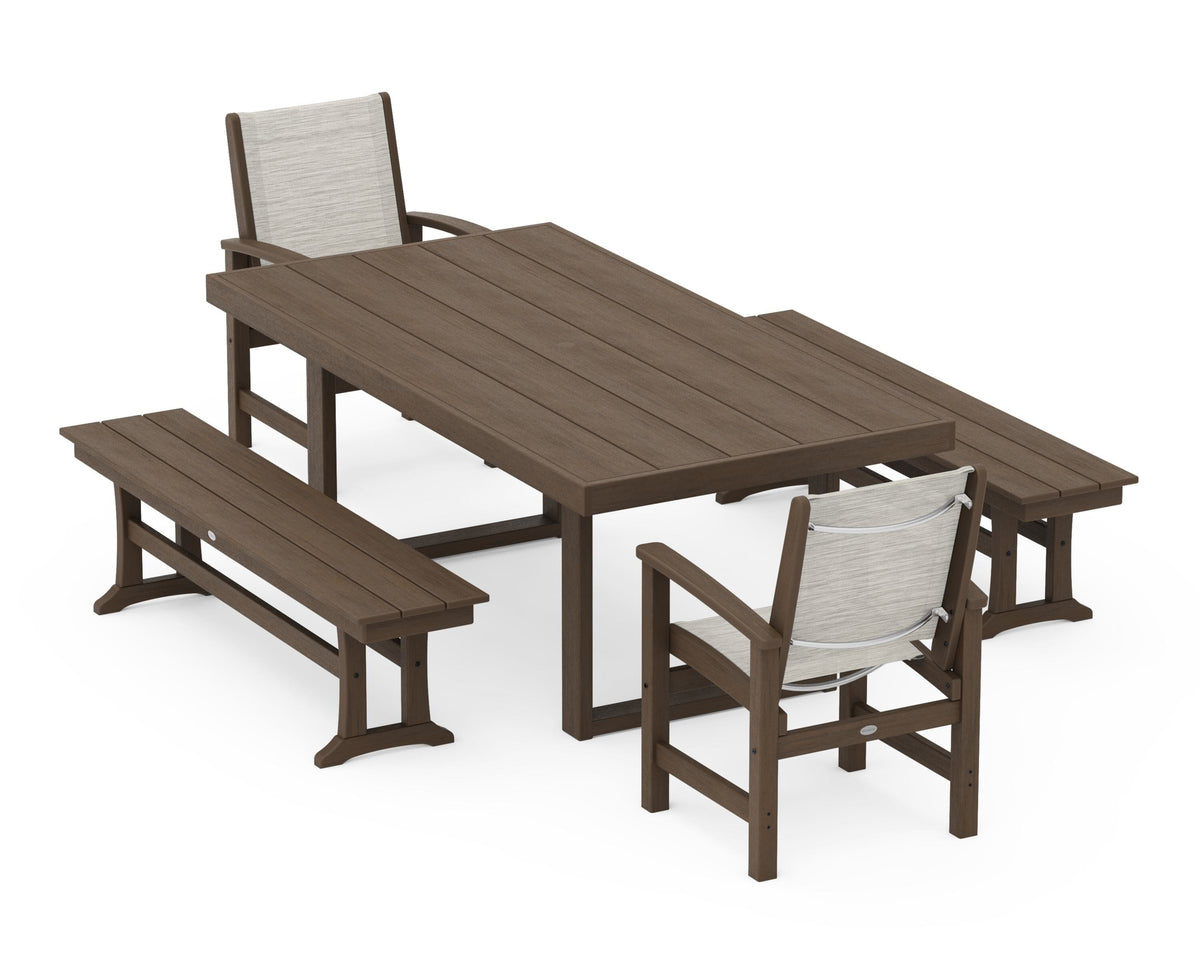 POLYWOOD Coastal 5-Piece Dining Set with Trestle Legs with EDGE 40" x 78" Dining Table in Kona / Birch