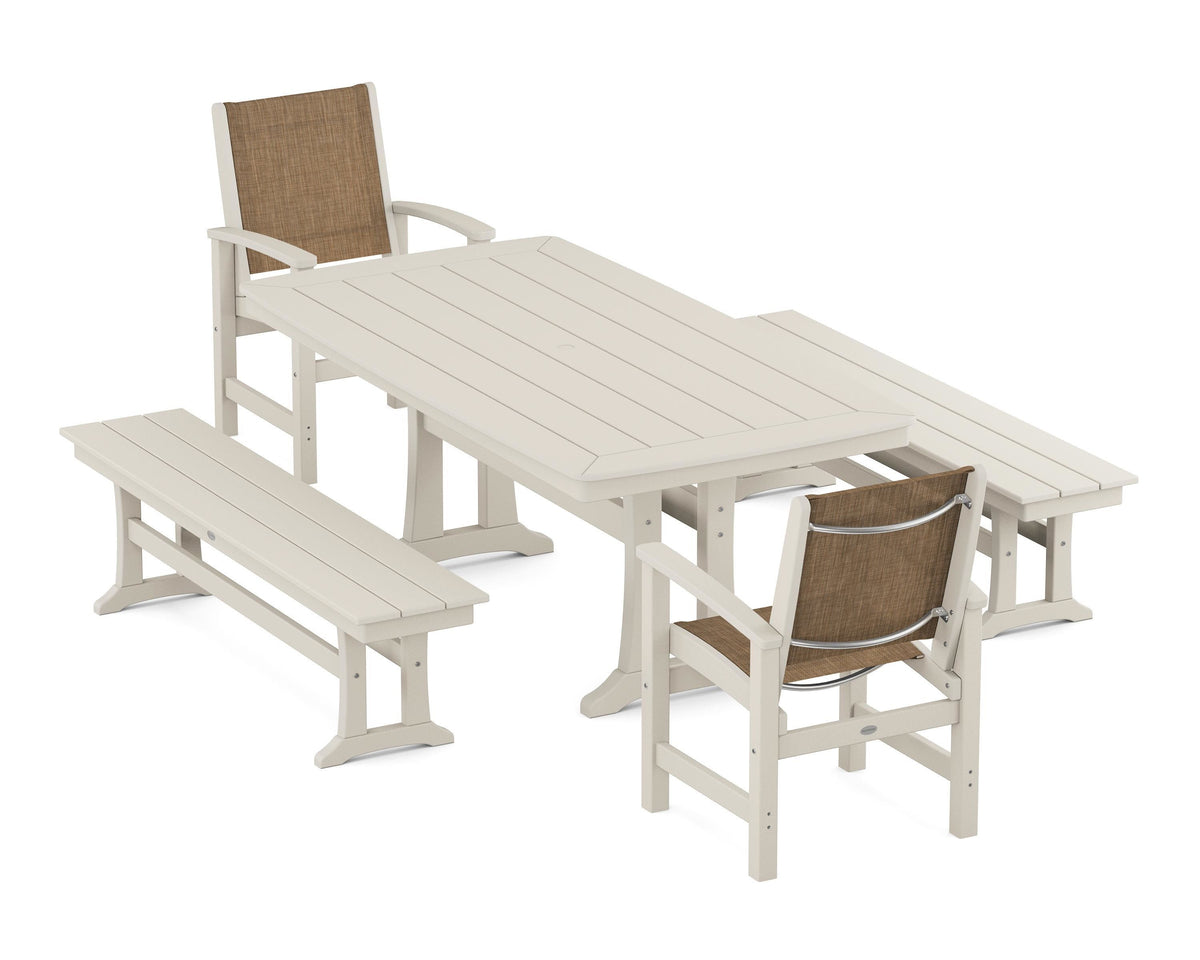 POLYWOOD Coastal 5-Piece Dining Set with Trestle Legs and Benches in Sand / Burlap