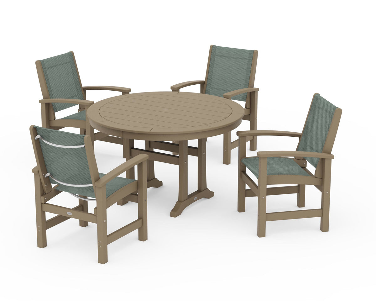 POLYWOOD Coastal 5-Piece Round Dining Set with Trestle Legs in Vintage Sahara / Dupioni Sea Mist