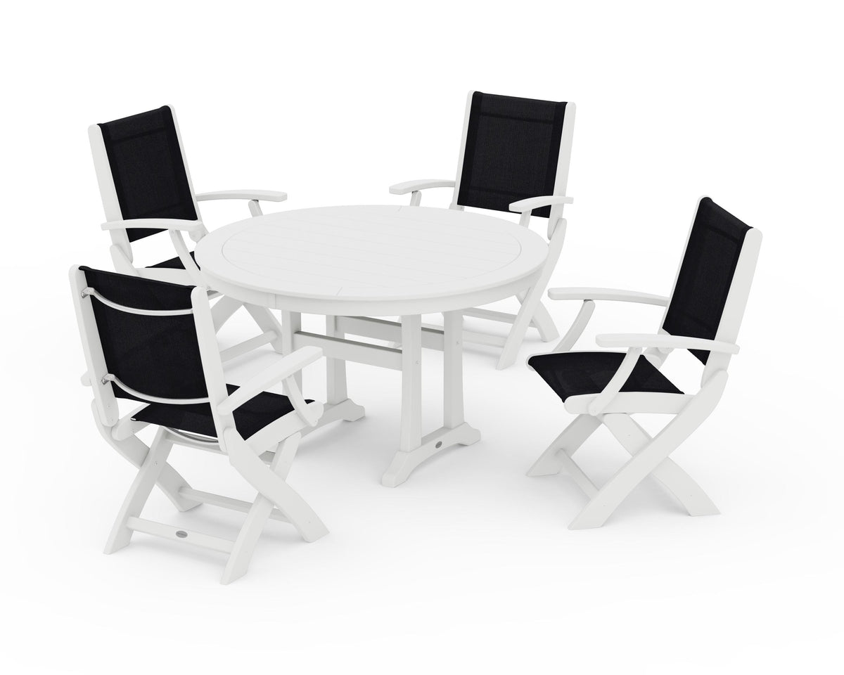 POLYWOOD Coastal Folding Chair 5-Piece Round Dining Set with Trestle Legs in White / Black