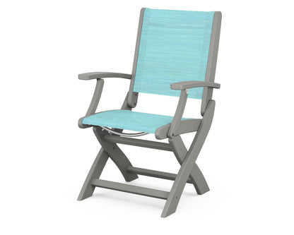 POLYWOOD Coastal Folding Chair in Slate Grey with Slate Grey arms and Dupioni Aquamarine sling