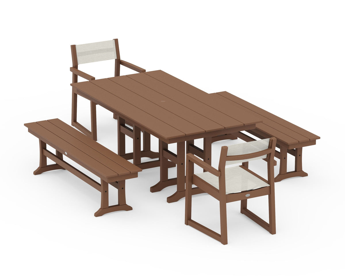 POLYWOOD EDGE Sling Arm Chair 5-Piece Farmhouse Dining Set with Benches in Teak / Parchment