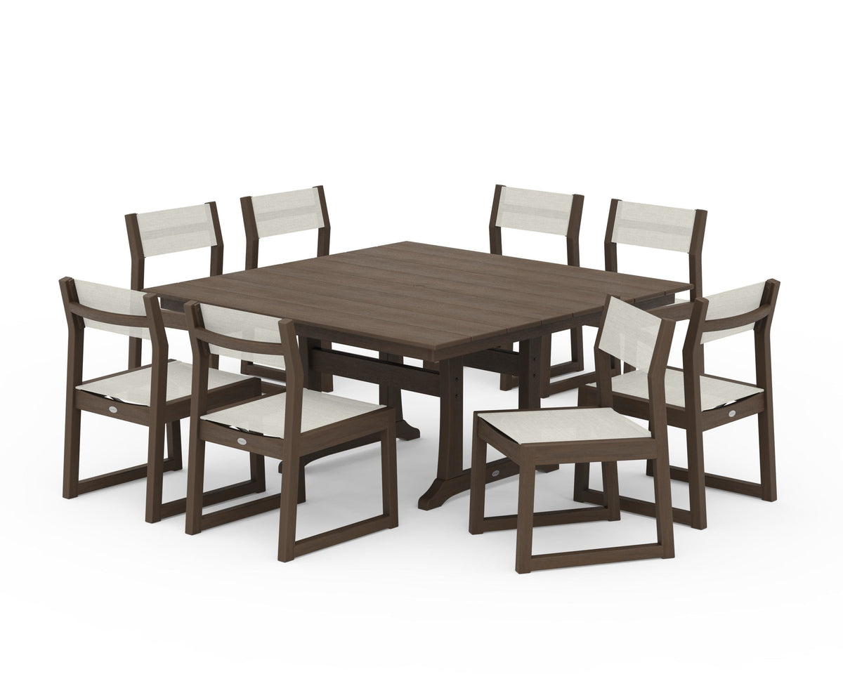 POLYWOOD EDGE Sling Side Chair 9-Piece Farmhouse Trestle Dining Set in Kona / Parchment