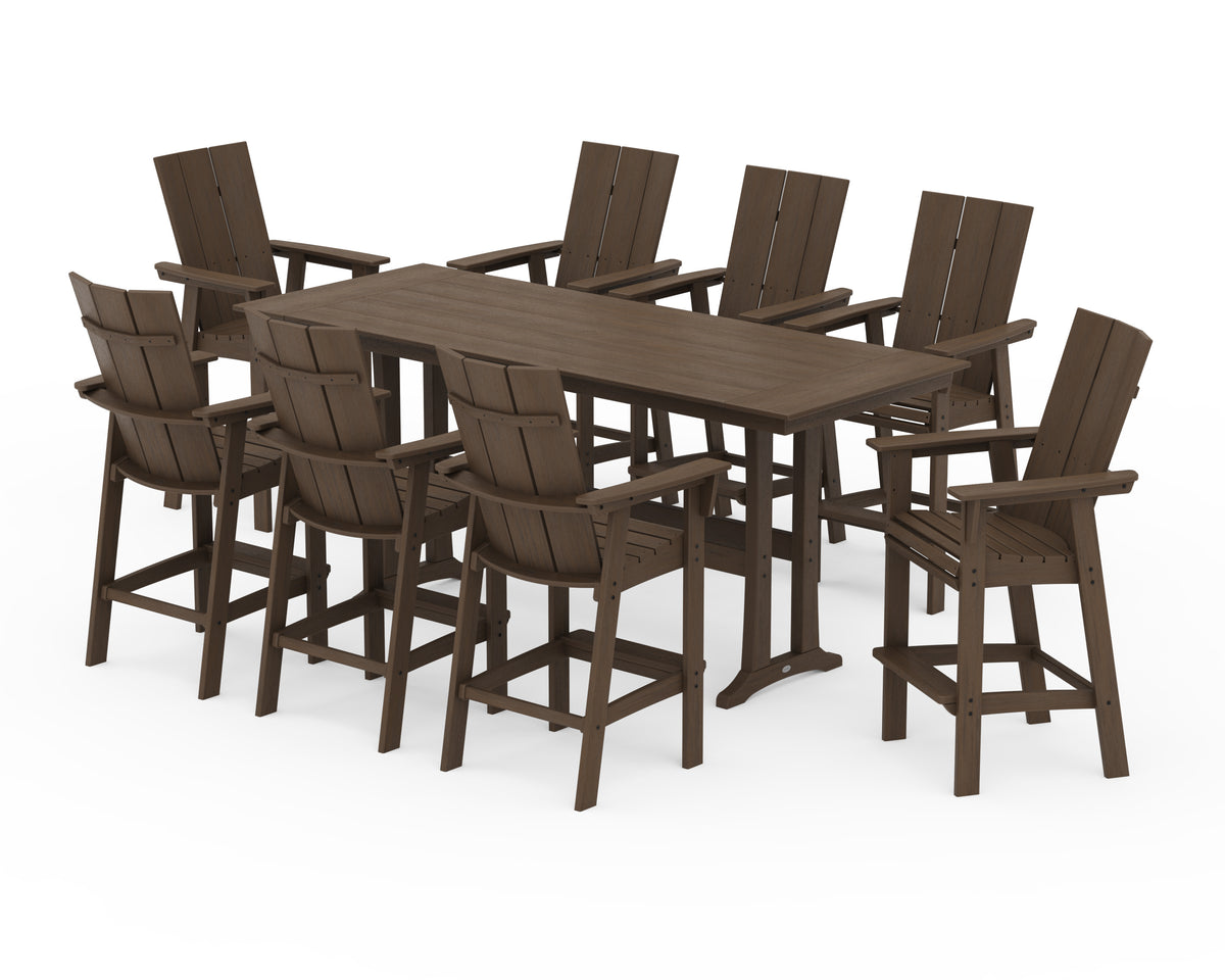 POLYWOOD Modern Curveback Adirondack 9-Piece Farmhouse Bar Set with Trestle Legs in Kona