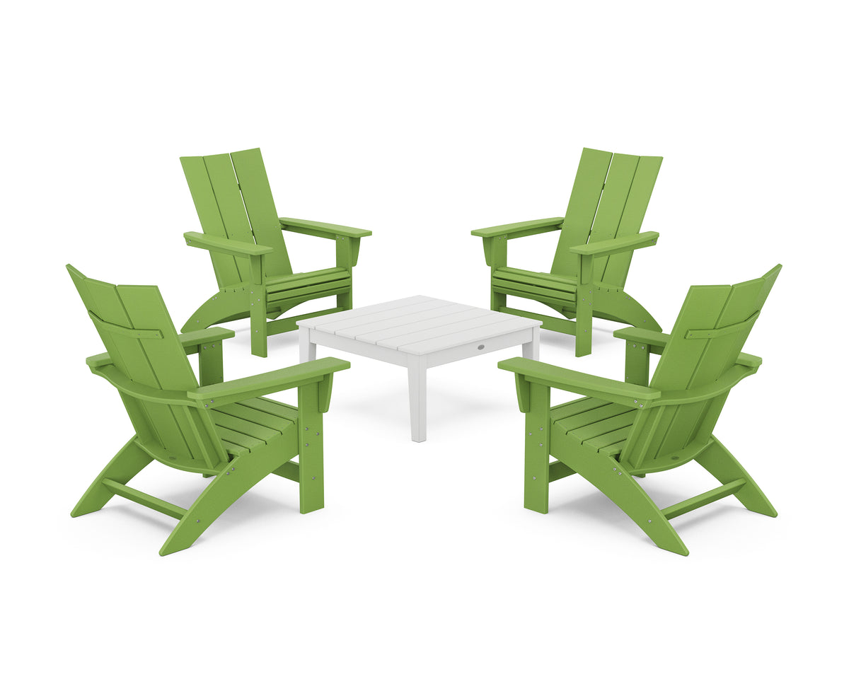 POLYWOOD 5-Piece Modern Grand Adirondack Chair Conversation Group in Lime / White