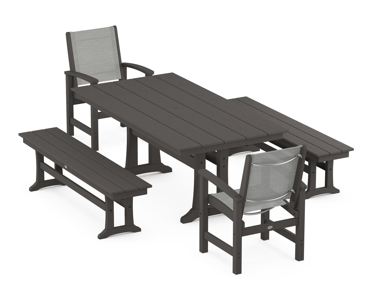 POLYWOOD Coastal 5-Piece Farmhouse Dining Set with Trestle Legs and Benches in Vintage Coffee / Metallic