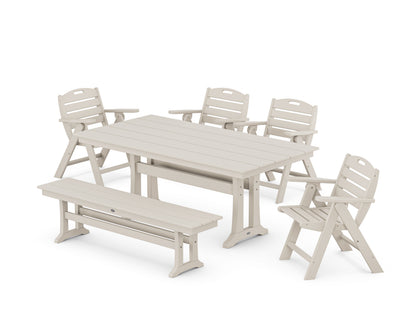 POLYWOOD Nautical Lowback 6-Piece Farmhouse Dining Set with Trestle Legs and Bench in Sand