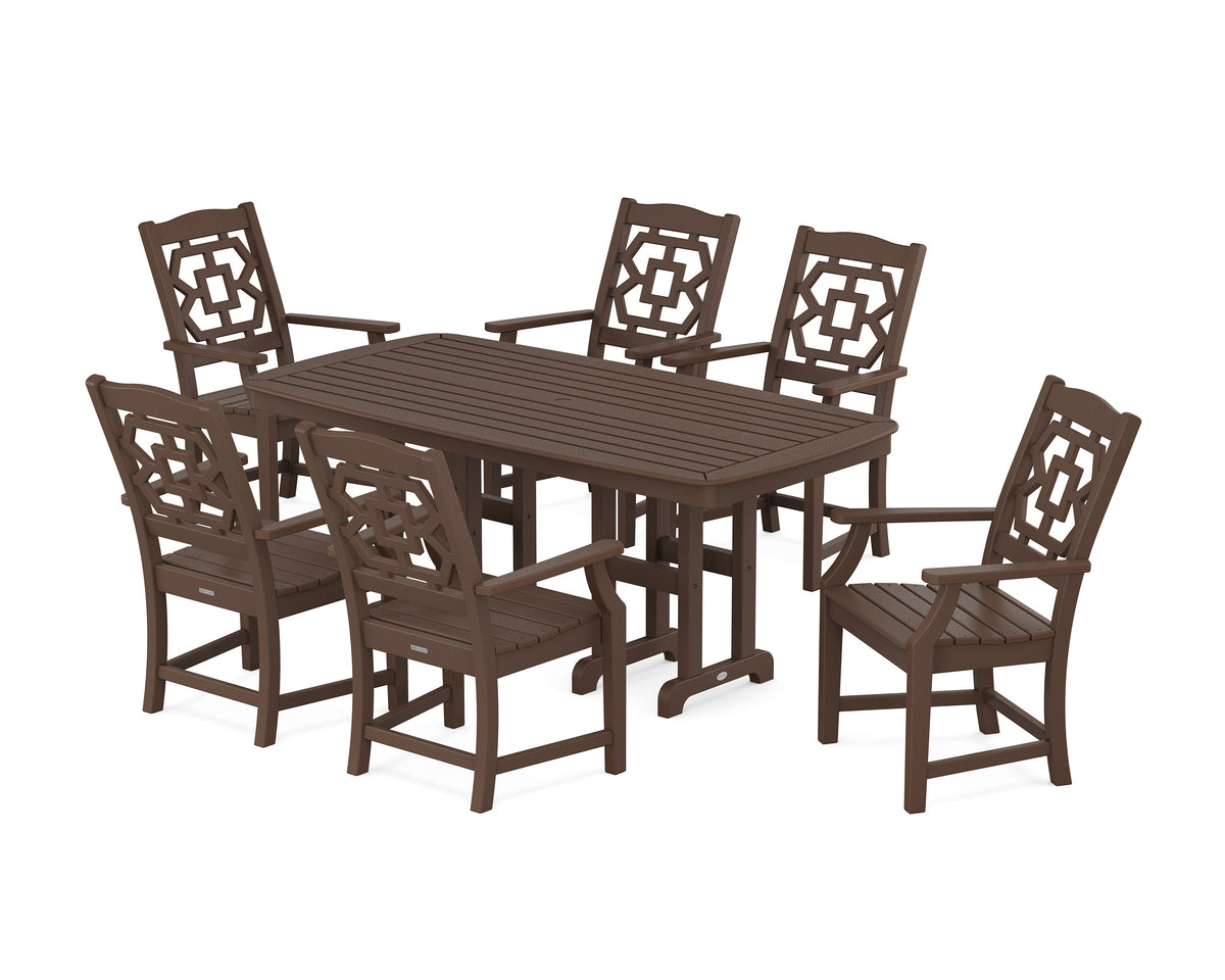 POLYWOOD Chinoiserie Arm Chair 7-Piece Dining Set in Mahogany