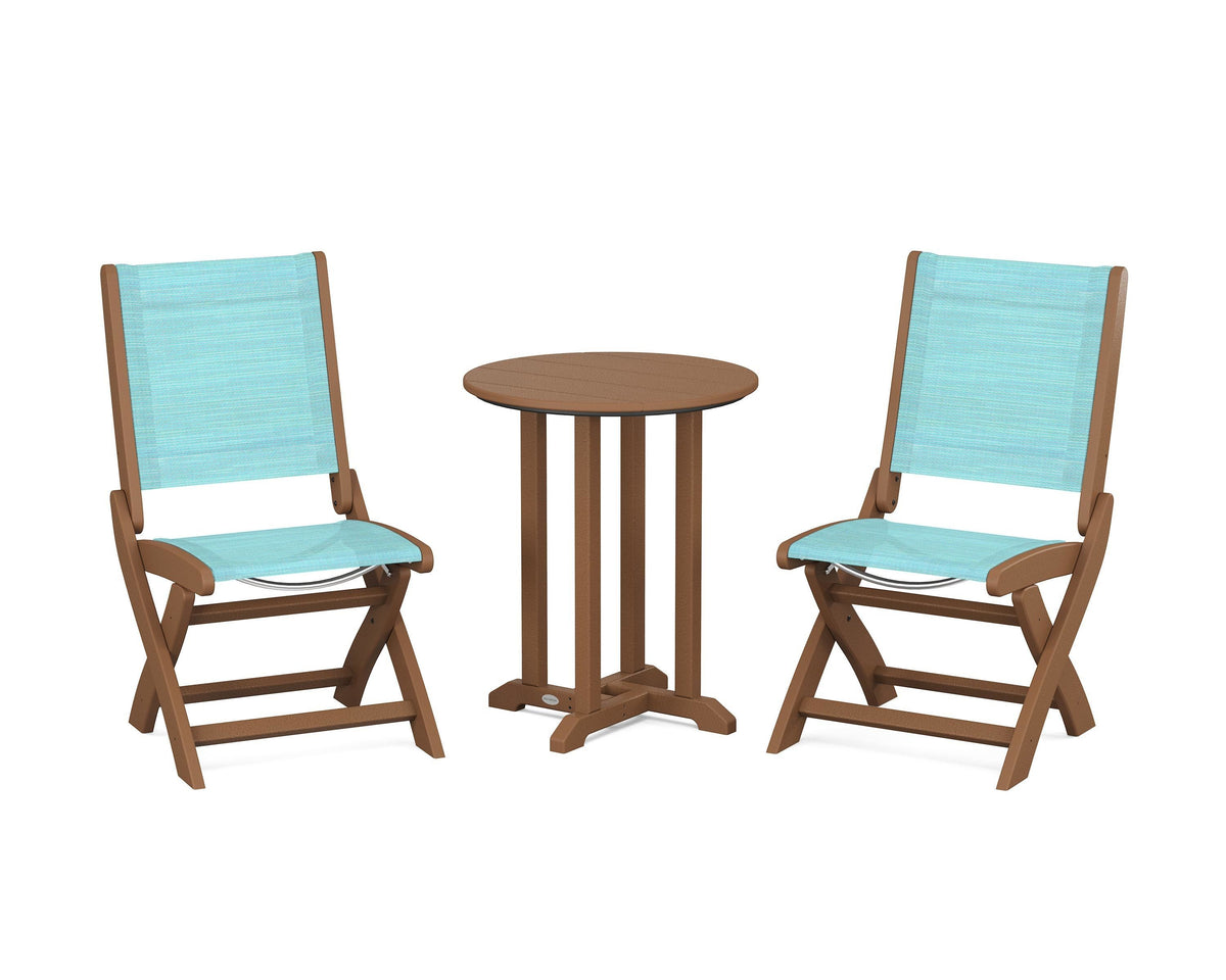 POLYWOOD Coastal Folding Side Chair 3-Piece Round Bistro Dining Set in Teak / Dupioni Aquamarine