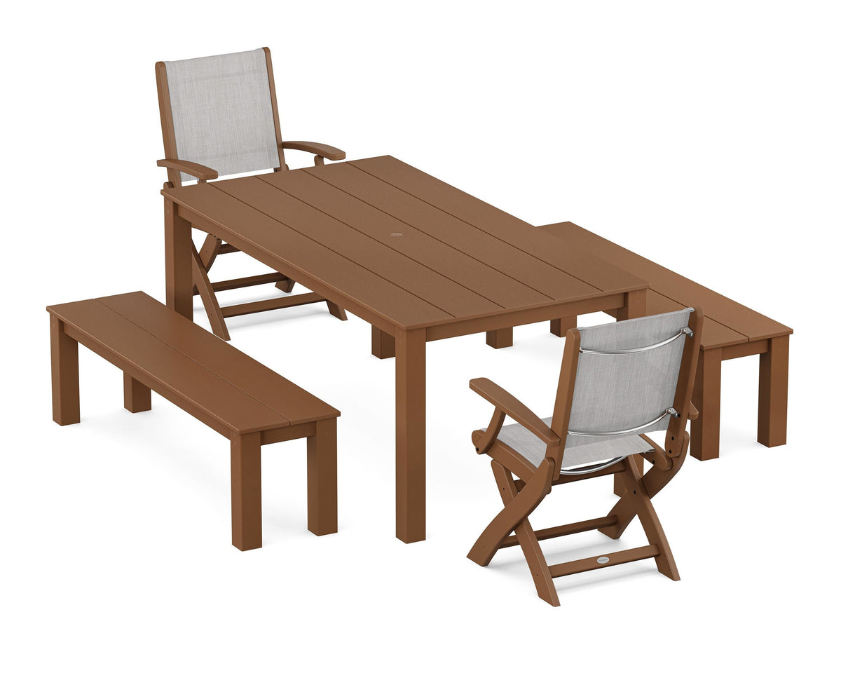 POLYWOOD Coastal Folding Chair 5-Piece Parsons Dining Set with Benches in Teak / Parchment