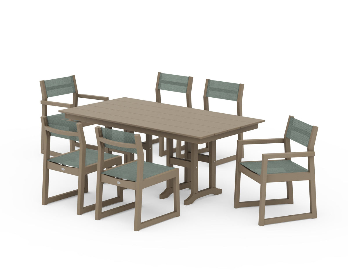 POLYWOOD EDGE Sling 7-Piece Farmhouse Dining Set in Vintage Sahara / Dupioni Sea Mist