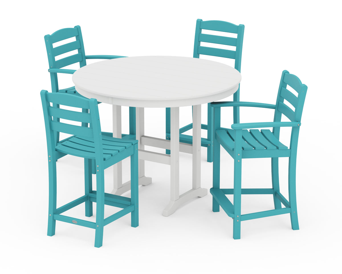 POLYWOOD La Casa Café 5-Piece Round Farmhouse Counter Dining Set in Aruba / White