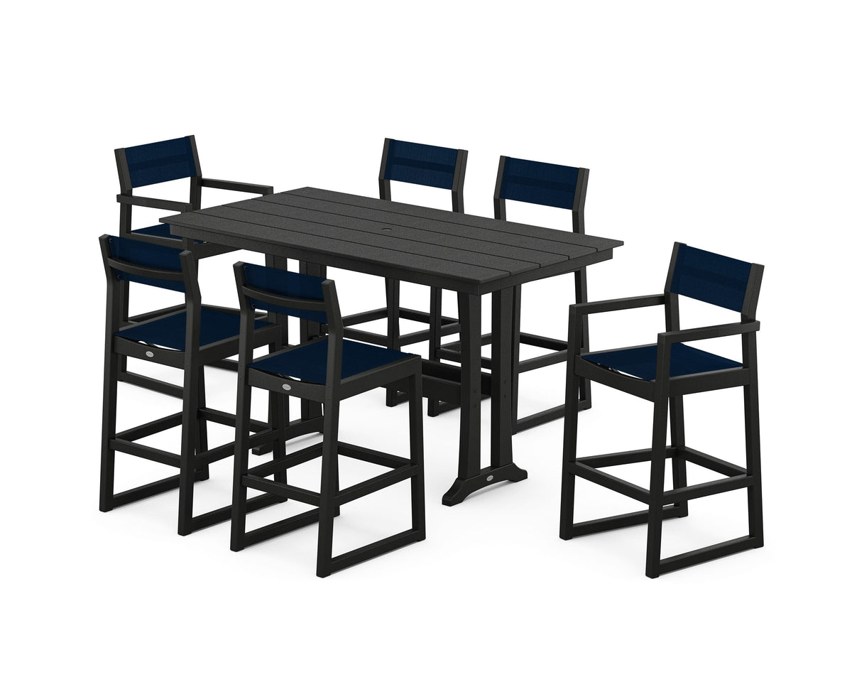 POLYWOOD EDGE Sling 7-Piece Farmhouse Bar Set with Trestle Legs in Black / Navy Blue