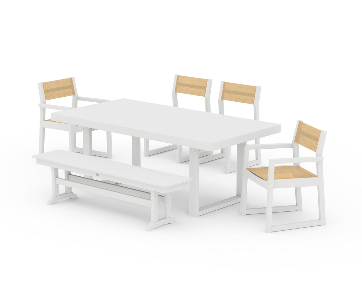 POLYWOOD EDGE Sling 6-Piece Dining Set with Bench in White / Dupioni Apricot
