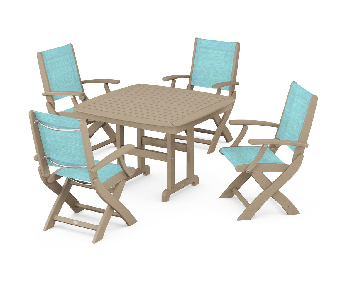 POLYWOOD Coastal Folding Chair 5-Piece Dining Set with Nautical 44" Dining Table in Vintage Sahara / Dupioni Aquamarine