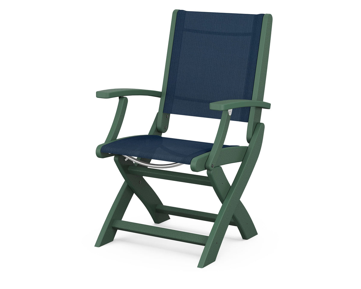 POLYWOOD Coastal Folding Chair in Green with Green arms and Navy Blue sling