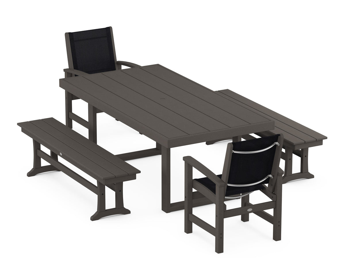 POLYWOOD Coastal 5-Piece Dining Set with Trestle Legs with EDGE 40" x 78" Dining Table in Vintage Coffee / Black