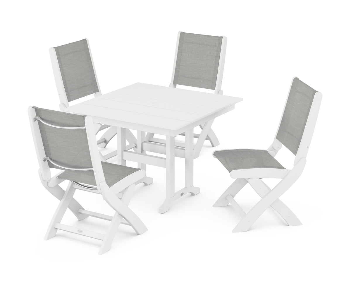 POLYWOOD Coastal Folding Side Chair 5-Piece Farmhouse Dining Set in White / Metallic