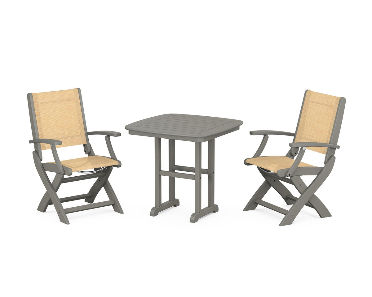 POLYWOOD Coastal Folding Chair 3-Piece Dining Set in Slate Grey / Dupioni Apricot