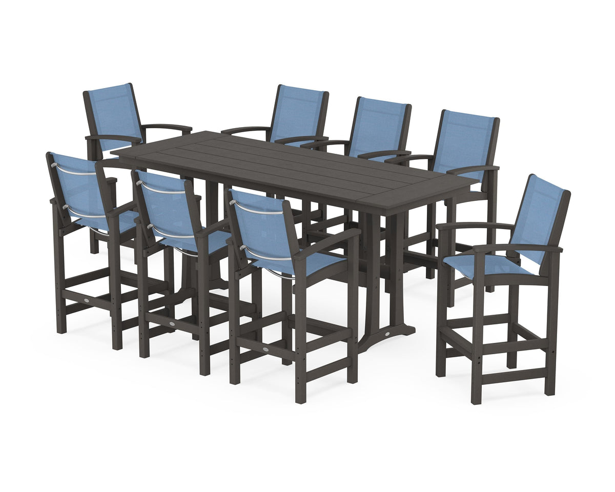POLYWOOD Coastal 9-Piece Farmhouse Bar Set with Trestle Legs in Vintage Coffee / Poolside