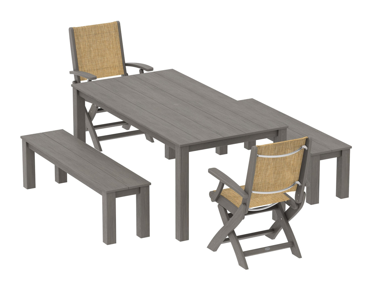 POLYWOOD Coastal Folding Chair 5-Piece Parsons Dining Set with Benches in Driftwood / Burlap