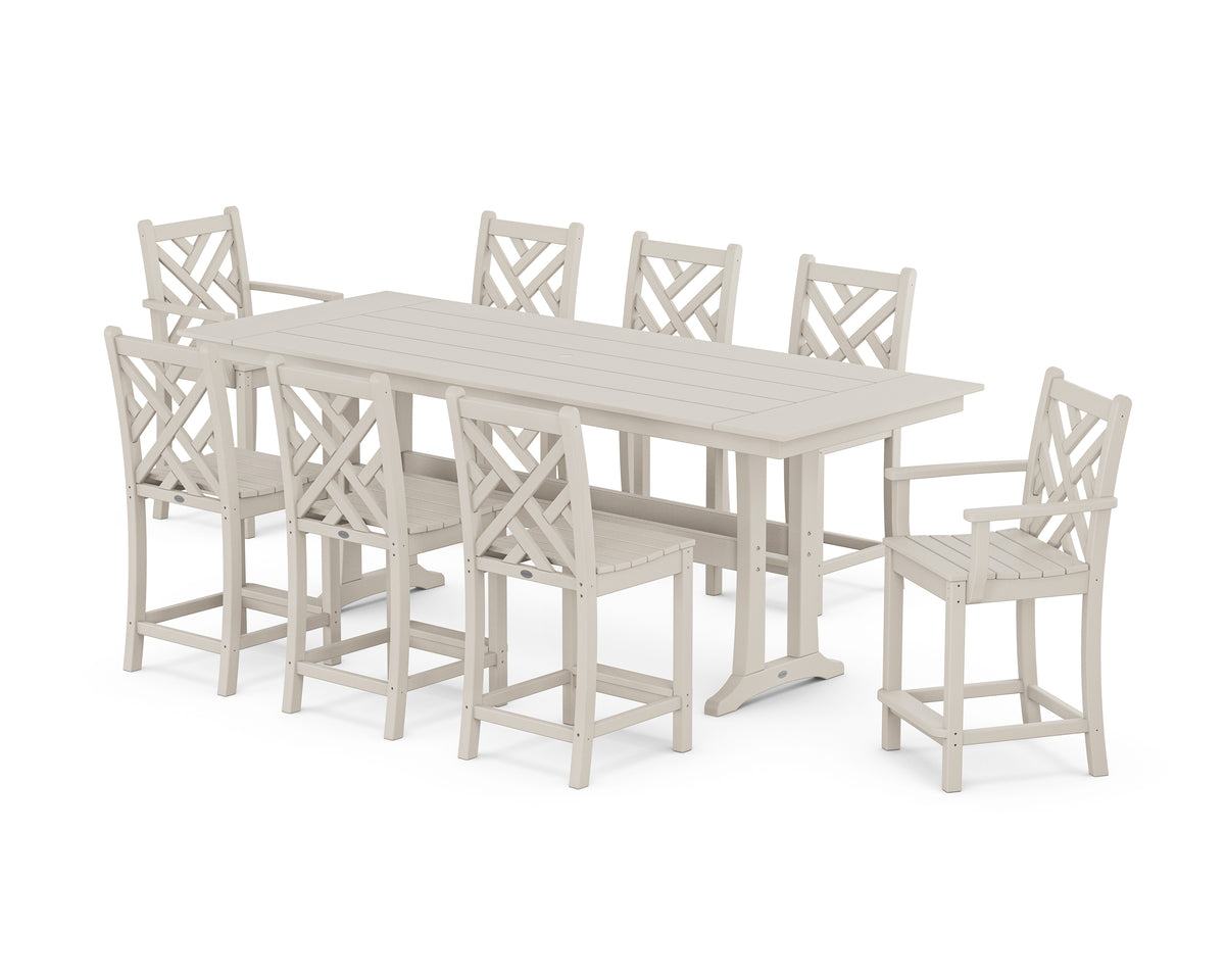 POLYWOOD Chippendale 9-Piece Farmhouse Counter Set with Trestle Legs in Sand