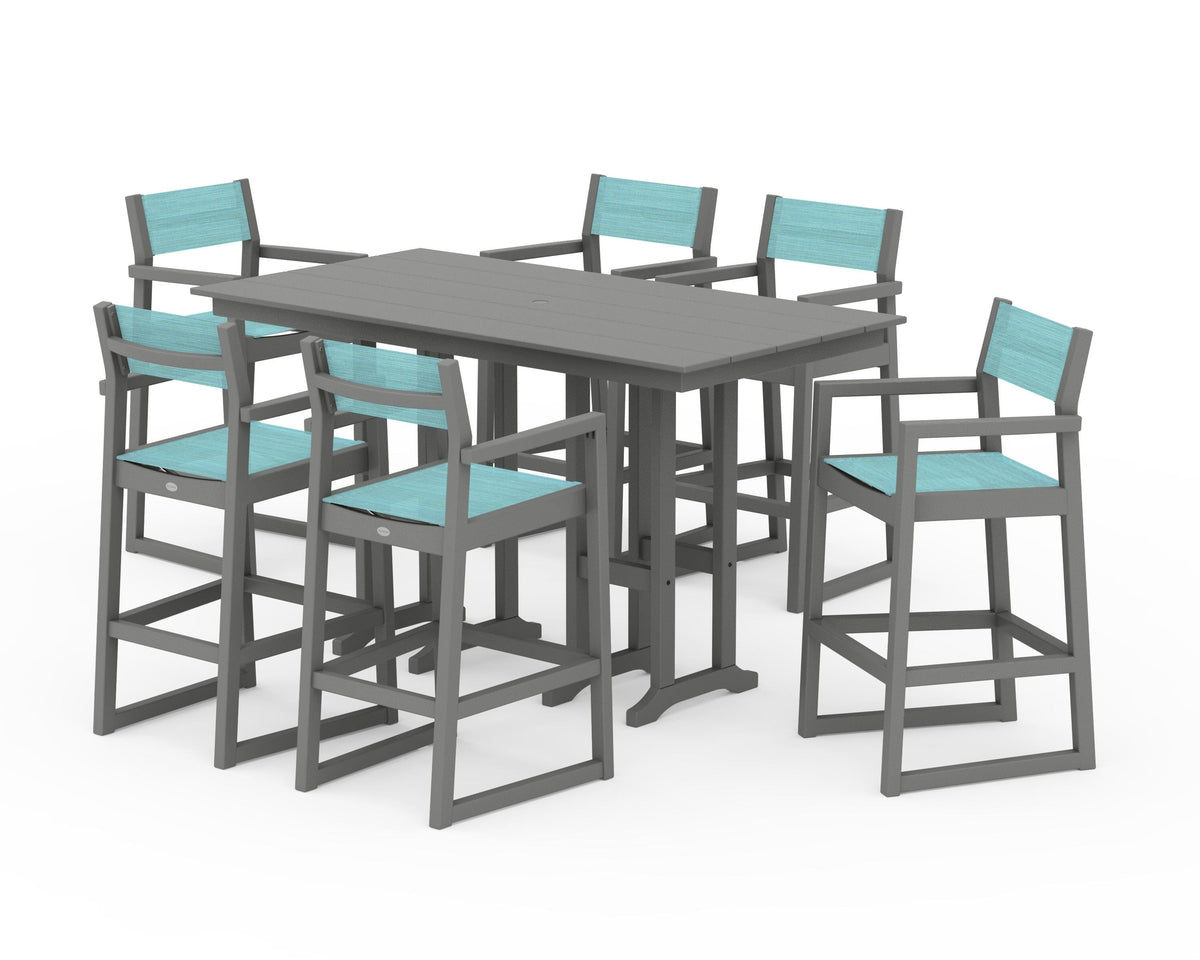 POLYWOOD EDGE Sling Arm Chair 7-Piece Farmhouse Bar Set in Slate Grey / Dupioni Aquamarine