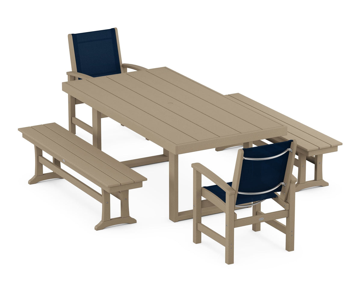 POLYWOOD Coastal 5-Piece Dining Set with Trestle Legs with EDGE 40" x 78" Dining Table in Vintage Sahara / Navy Blue
