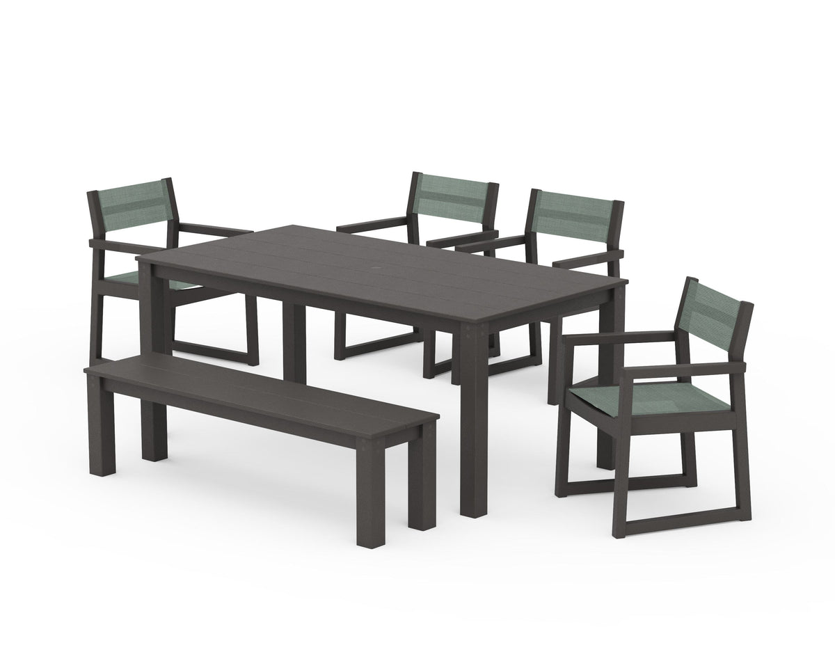 POLYWOOD EDGE Sling Arm Chair 6-Piece Parsons Dining Set with Bench in Vintage Coffee / Dupioni Sea Mist