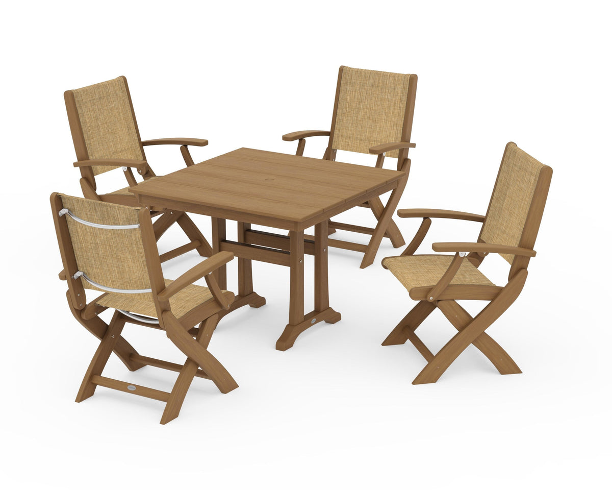 POLYWOOD Coastal Folding Chair 5-Piece Farmhouse Dining Set With Trestle Legs in Natural / Burlap