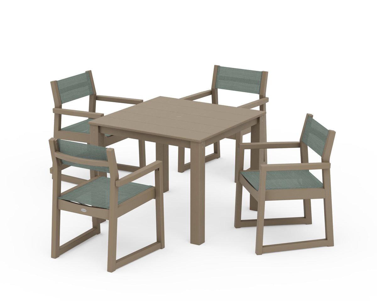 POLYWOOD EDGE Sling Arm Chair 5-Piece Parsons Dining Set in Vintage Sahara / Dupioni Sea Mist