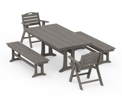 POLYWOOD Nautical Folding Lowback Chair 5-Piece Farmhouse Dining Set with Trestle Legs - 37" x 72" Table in Driftwood