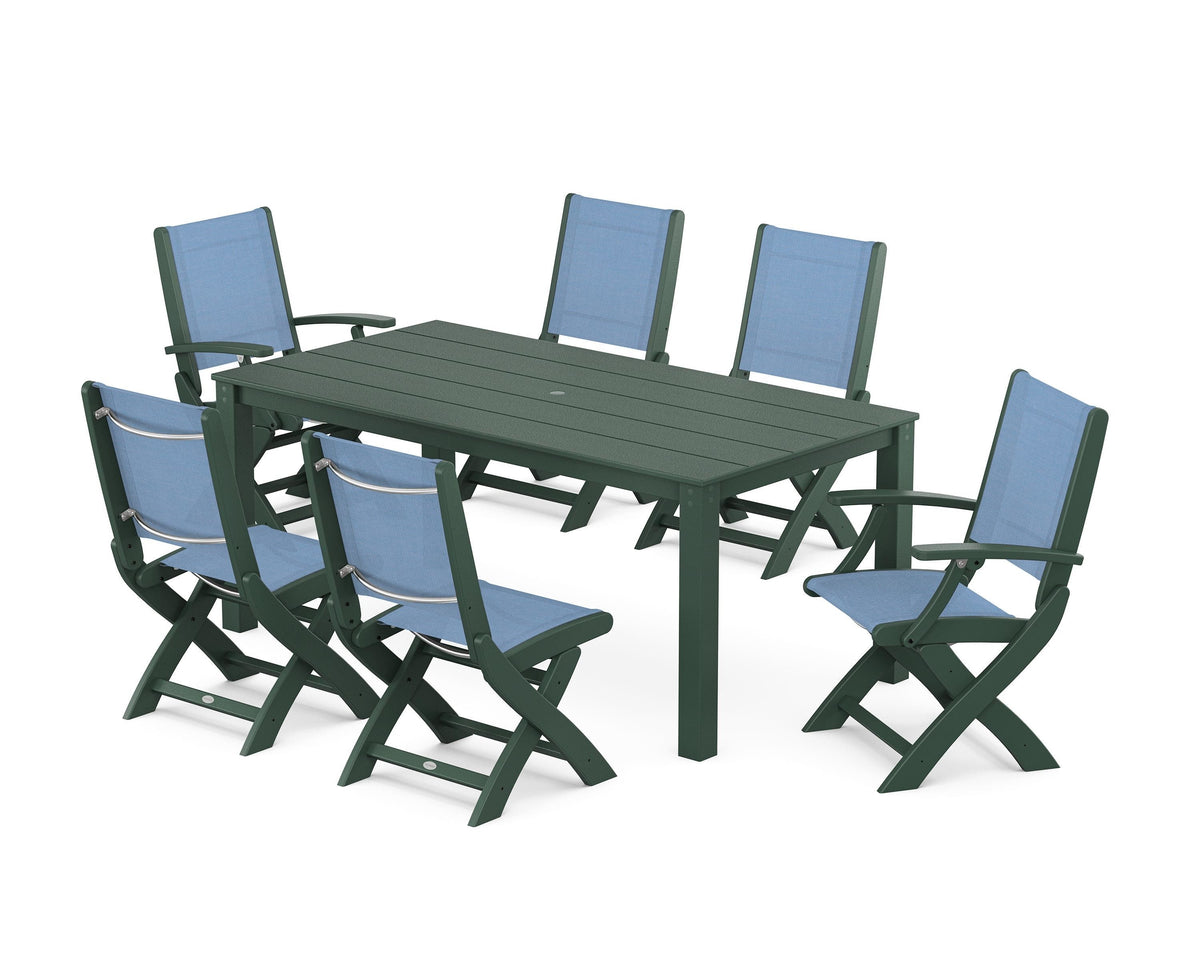 POLYWOOD Coastal Folding Chair 7-Piece Parsons Dining Set with Coastal Folding Side Chair in Green / Poolside
