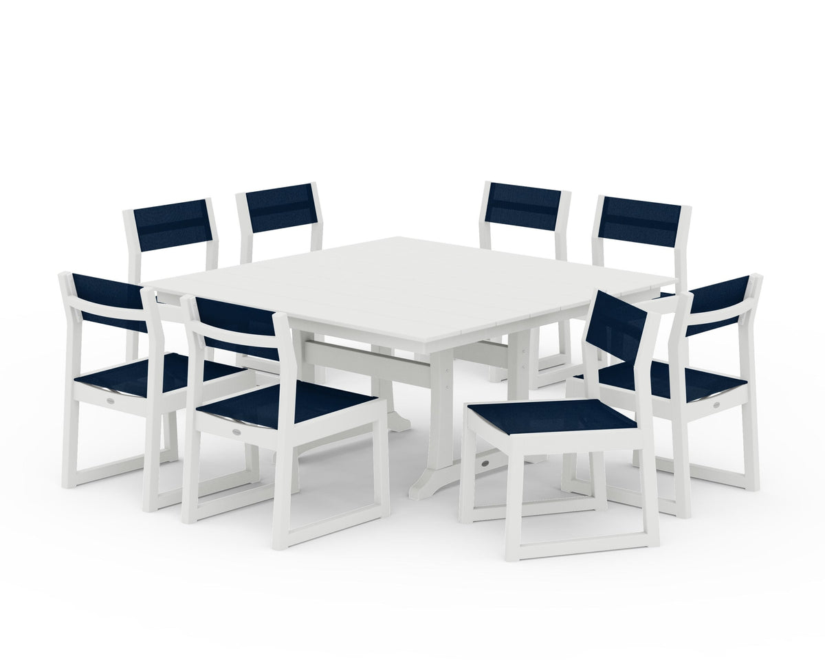 POLYWOOD EDGE Sling Side Chair 9-Piece Farmhouse Trestle Dining Set in Vintage White / Navy Blue