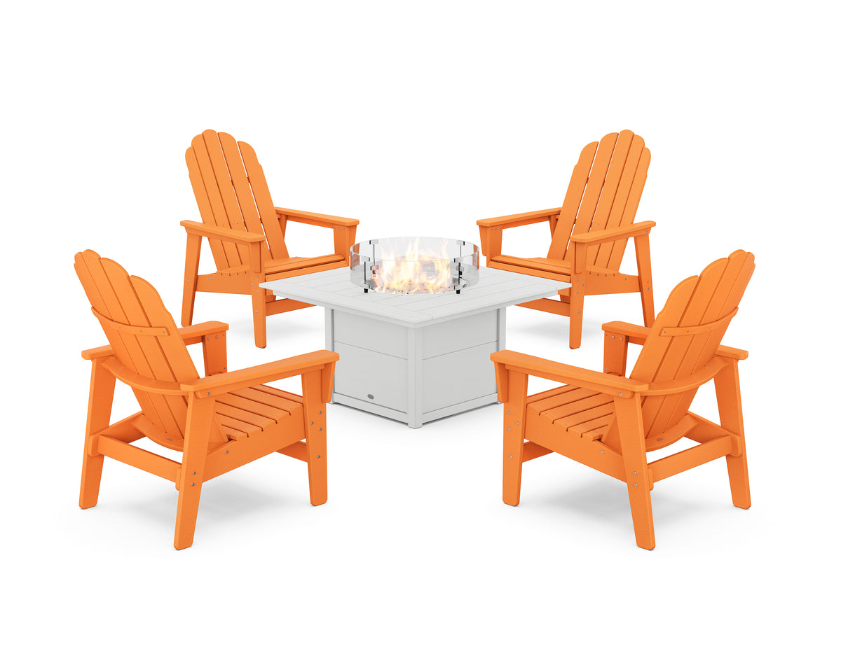 POLYWOOD 5-Piece Vineyard Grand Upright Adirondack Conversation Set with Fire Pit Table in Tangerine / White