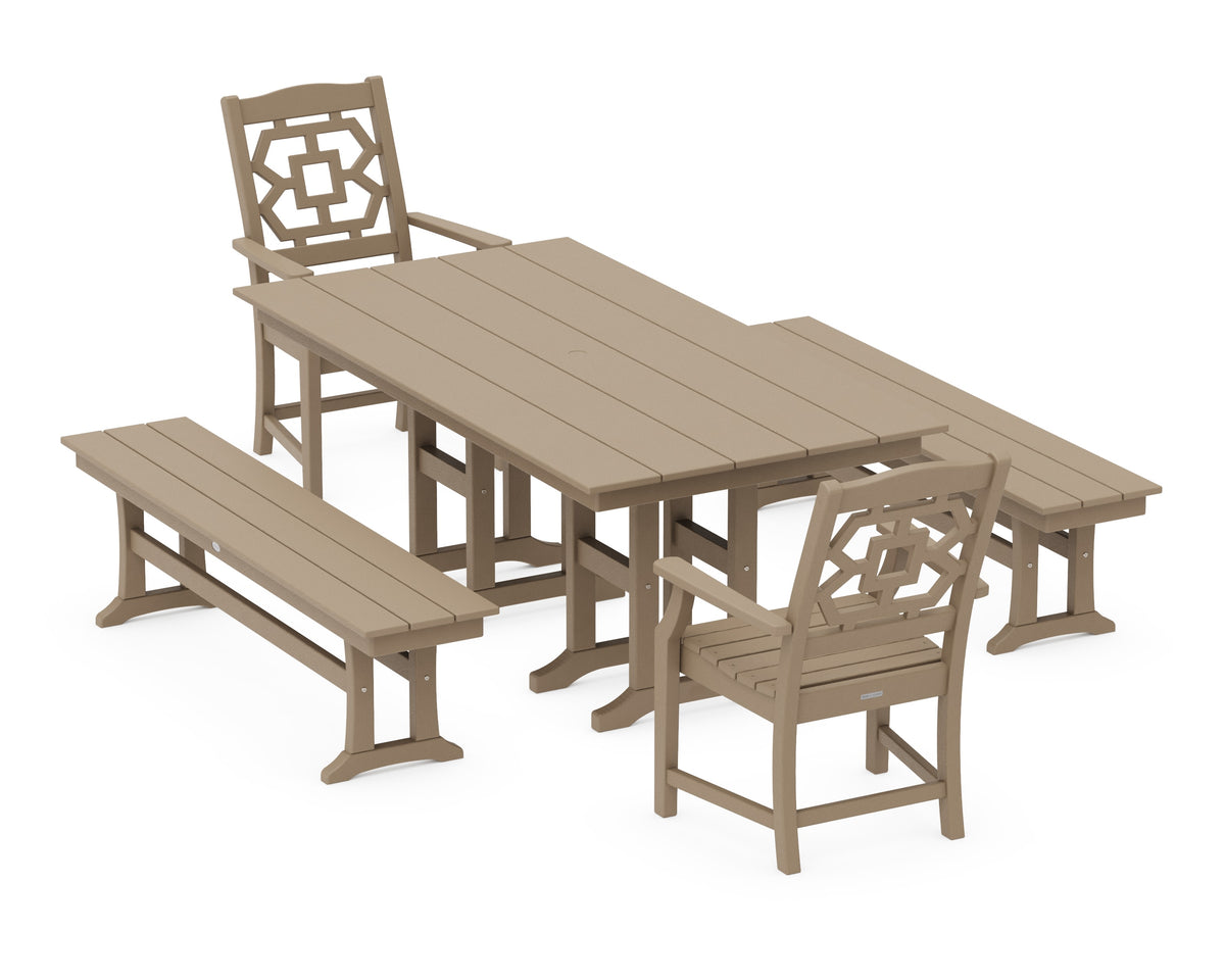 POLYWOOD Chinoiserie 5-Piece Farmhouse Dining Set with Benches in Vintage Sahara