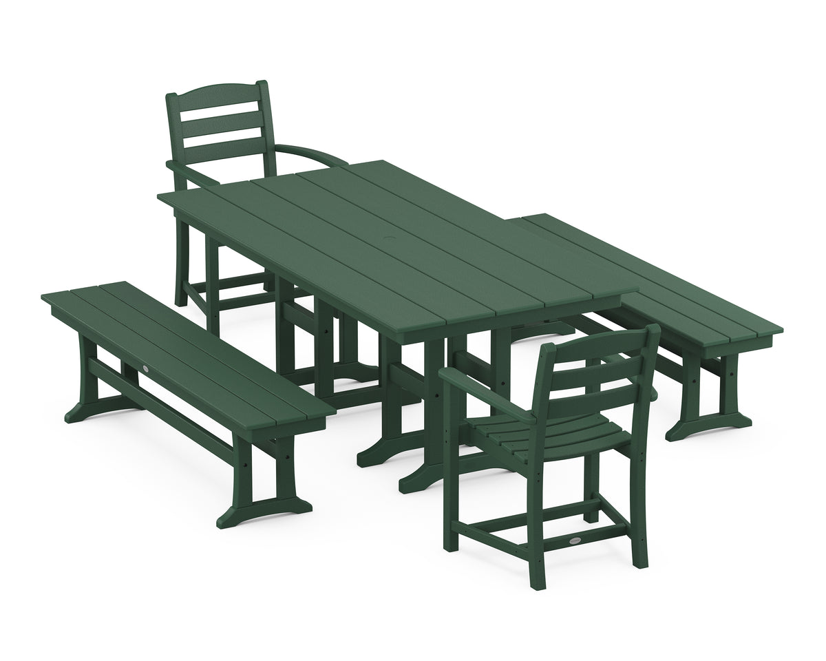 POLYWOOD La Casa Café 5-Piece Farmhouse Dining Set with Benches in Green