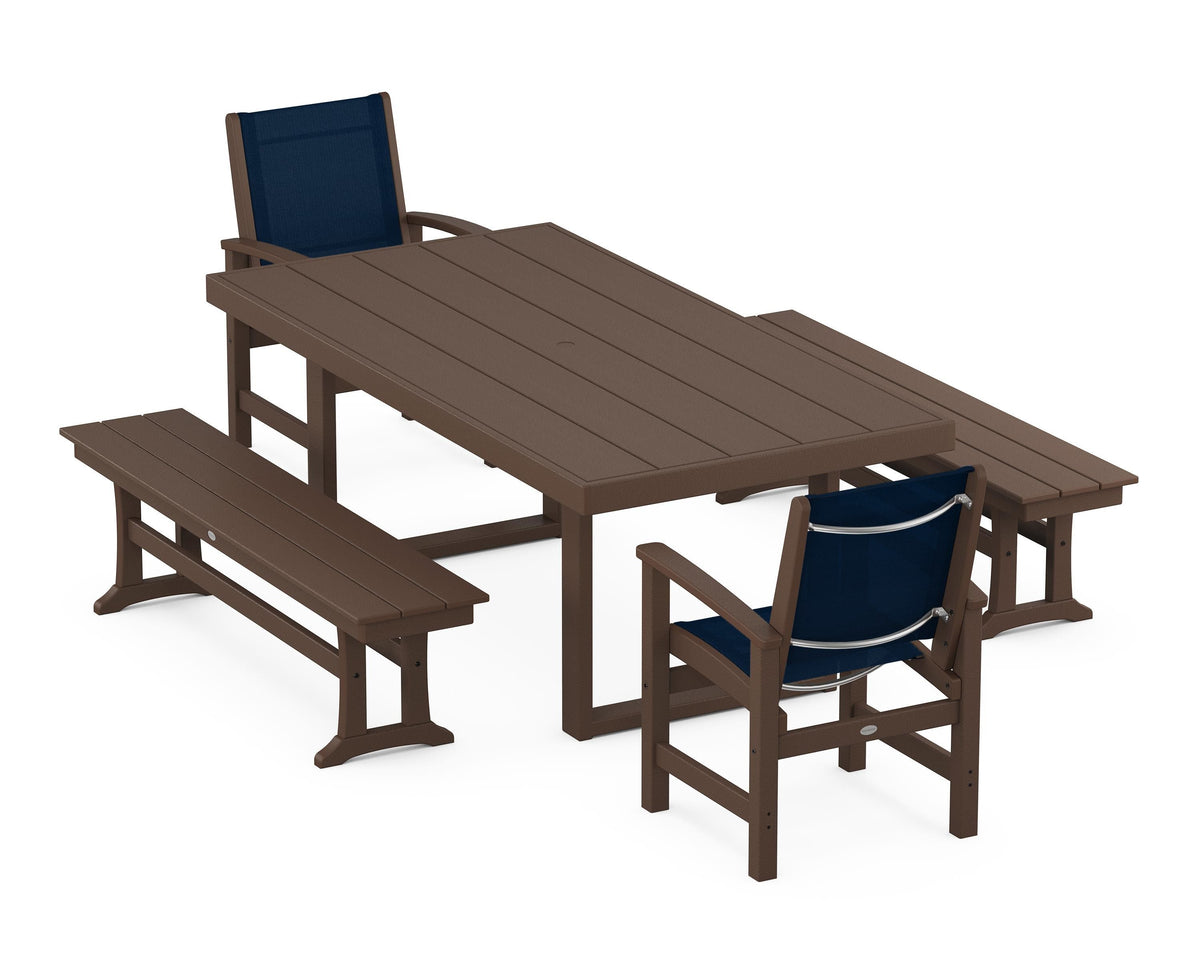 POLYWOOD Coastal 5-Piece Dining Set with Trestle Legs with EDGE 40" x 78" Dining Table in Mahogany / Navy Blue