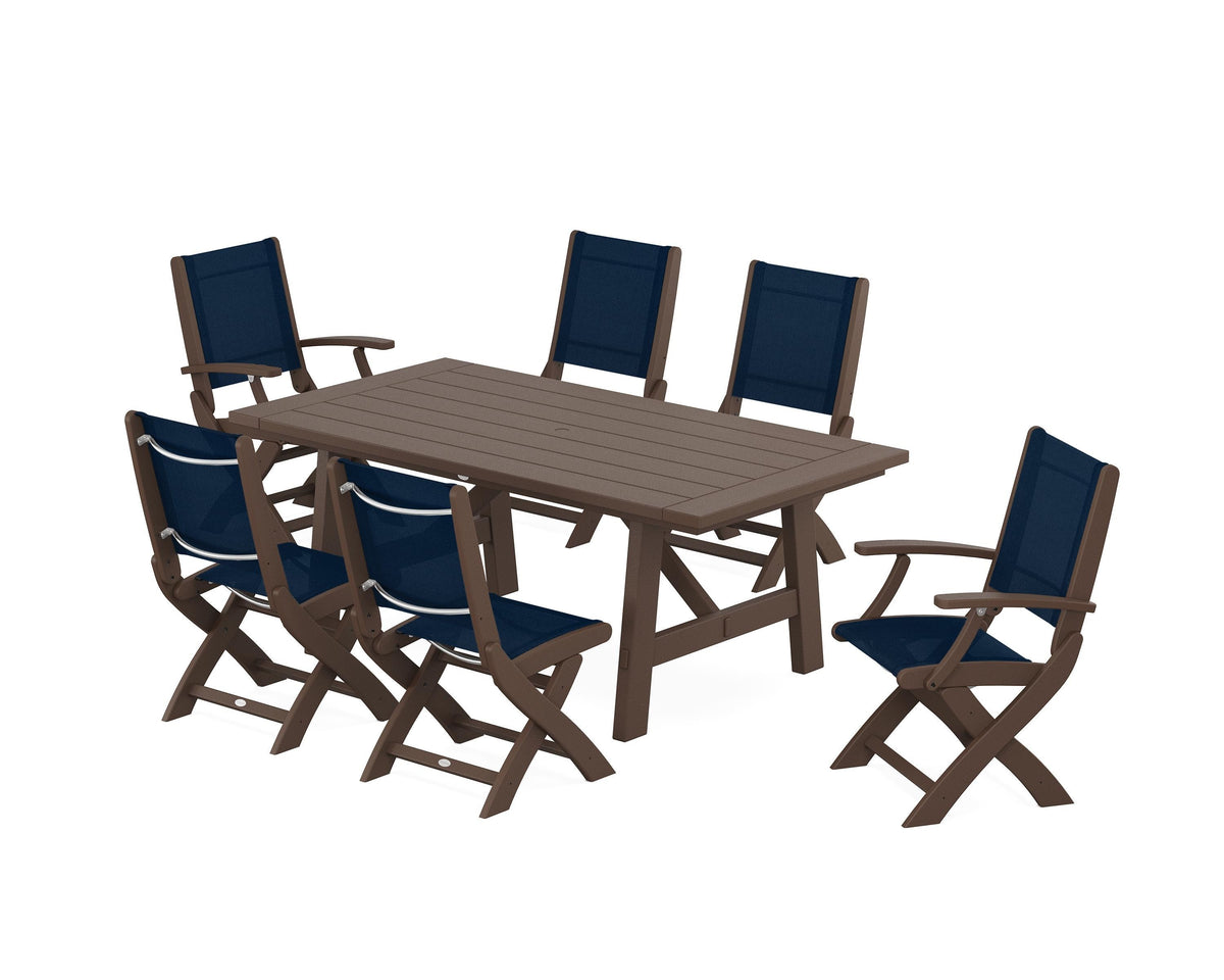POLYWOOD Coastal Folding Chair 7-Piece Rustic Farmhouse Dining Set in Mahogany / Navy Blue