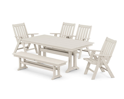 POLYWOOD Vineyard 6-Piece Folding Chair Farmhouse Dining Set with Trestle Legs and Bench in Sand